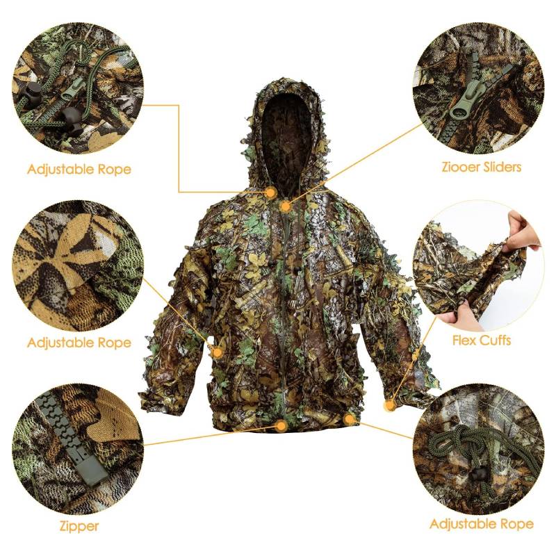 Detailed product features of the 3D leafy camouflage jacket, highlighting the heavy-duty smooth zipper design, elastic cuffs, and adjustable hood cord.