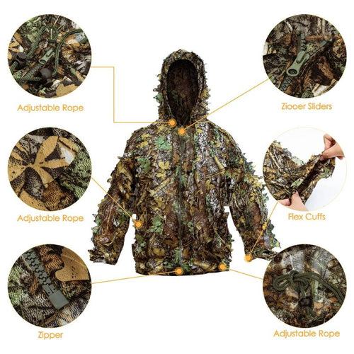 Detailed product features of the 3D leafy camouflage jacket, highlighting the heavy-duty smooth zipper design, elastic cuffs, and adjustable hood cord.