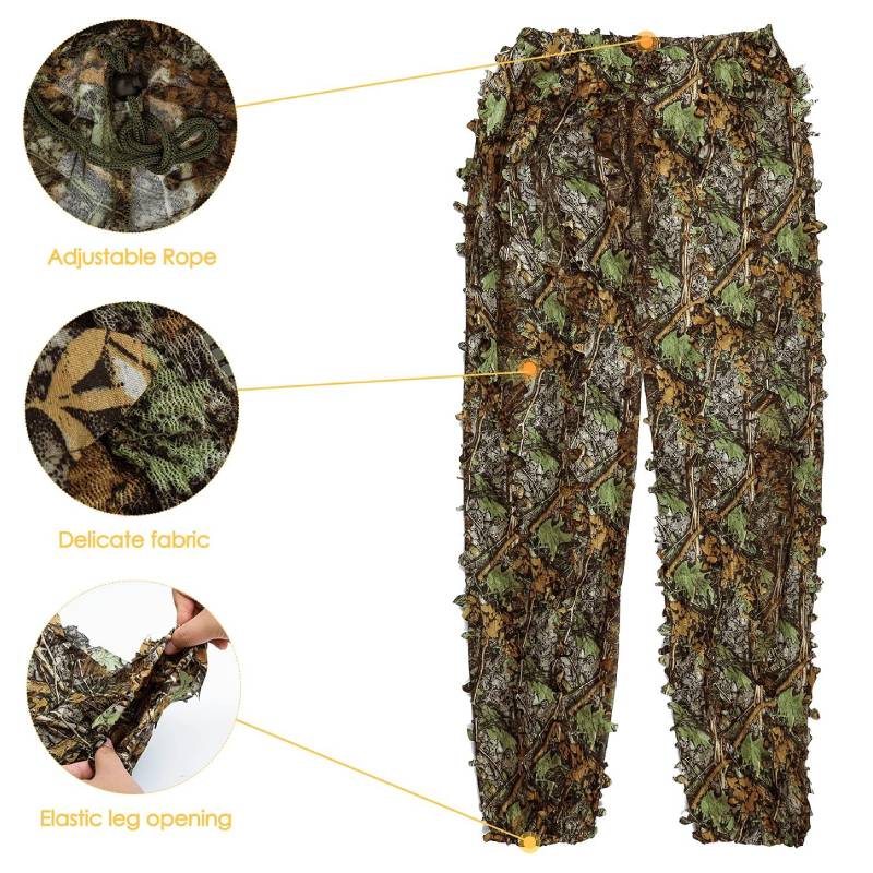 Detailed product features of the 3D leafy camouflage trousers, displaying the secure elastic ankles and flexible stretch fit designed to layer over outdoor clothing.