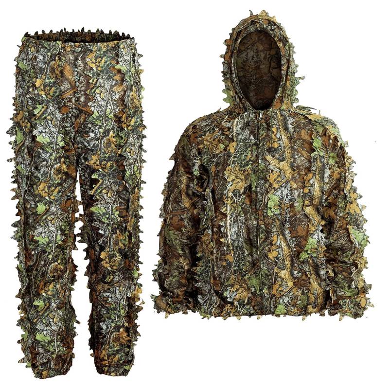 Front view of GhillieLabs 3D Leafy Camo Suit showing the matching full two-piece set, featuring premium laser-cut leaves on an ultra-breathable mesh base.