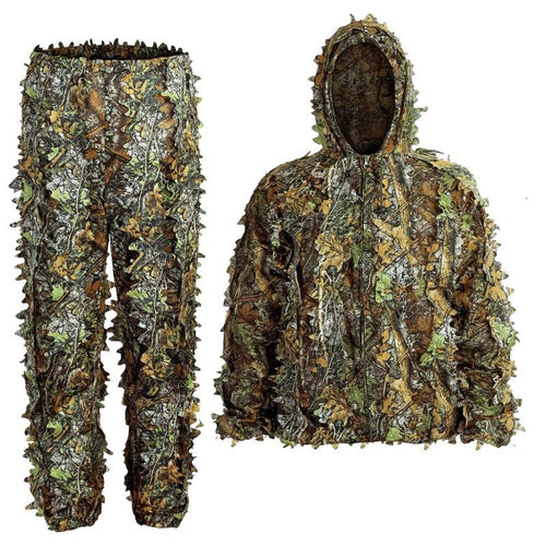 Front view of GhillieLabs 3D Leafy Camo Suit showing the matching full two-piece set, featuring premium laser-cut leaves on an ultra-breathable mesh base.