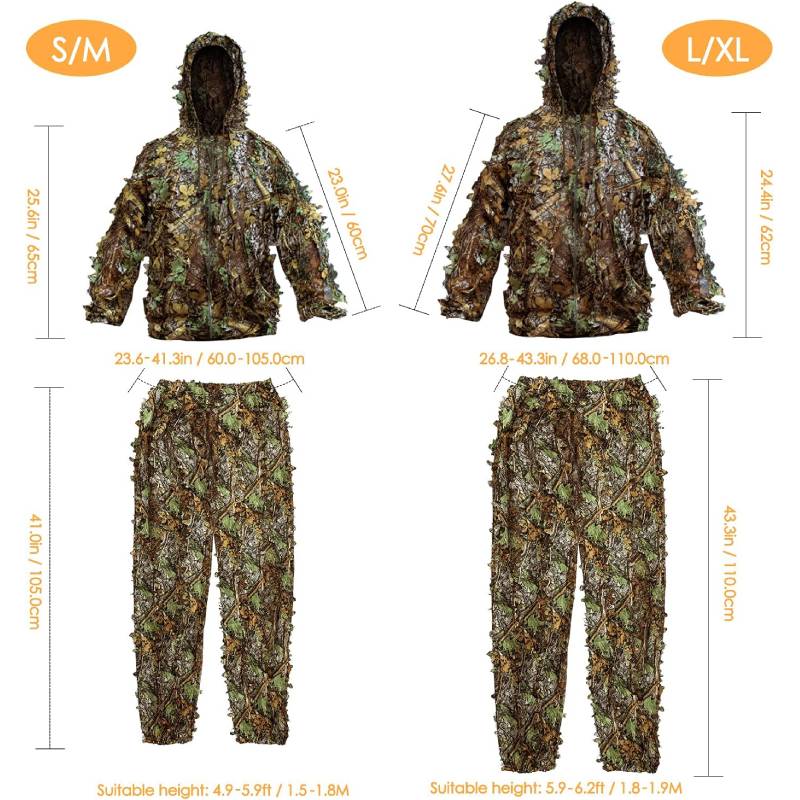 Technical size guide and adaptive stretch measurements for the GhillieLabs adult unisex 3D leafy camouflage clothing system.
