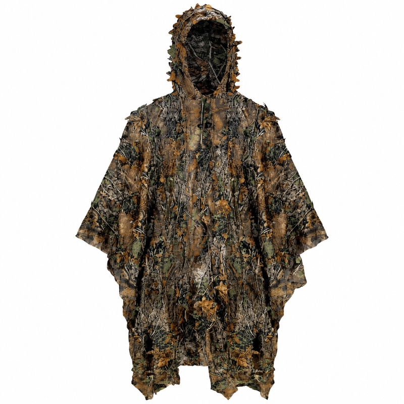 Front view of GhillieLabs 3D Leafy Camouflage Poncho featuring a full-coverage lightweight mesh base and detailed laser-cut foliage for rapid concealment.