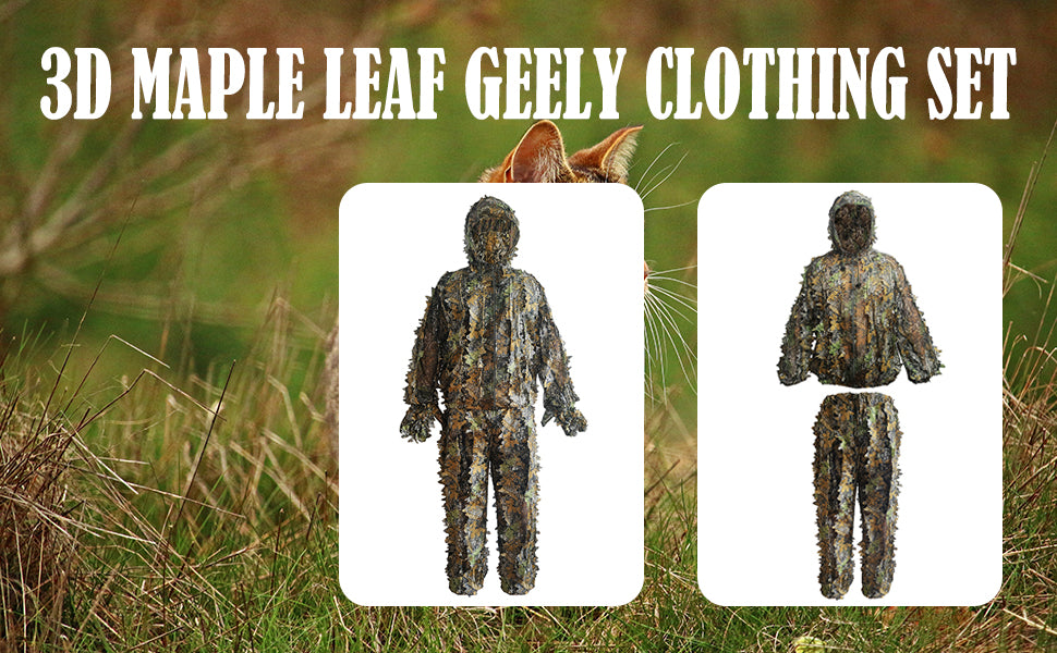 Product overview graphic of the GhillieLabs 3D maple leaf camouflage clothing set designed for forestry surveillance and botanical research.