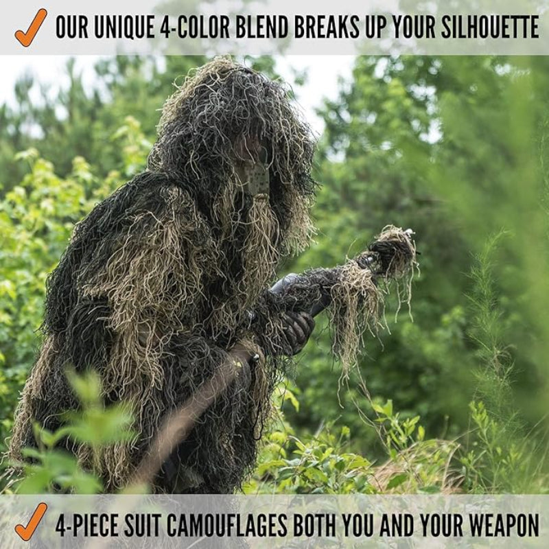 An adult wilderness researcher standing in heavy vegetation wearing a woodland forest ghillie suit with over 4 pounds of interlocking double-stitched synthetic jute.