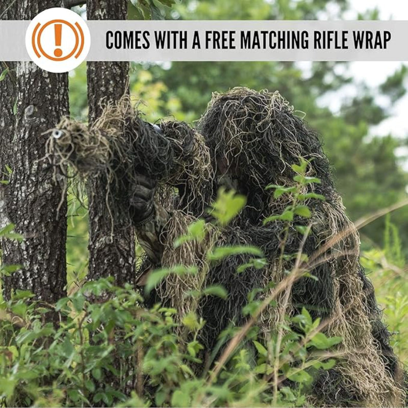 GhillieLabs professional 4-piece camouflage system with matching dynamic camo wrap deployed on sensitive optical gear to prevent animal startle response in a dense forest.