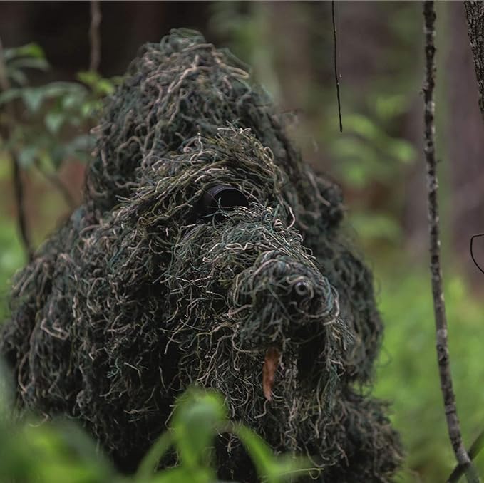 Close-up of the integrated adjustable heavy-duty hood on the Ghost Ghillie suit, offering full head-to-toe concealment during elite nature observation.