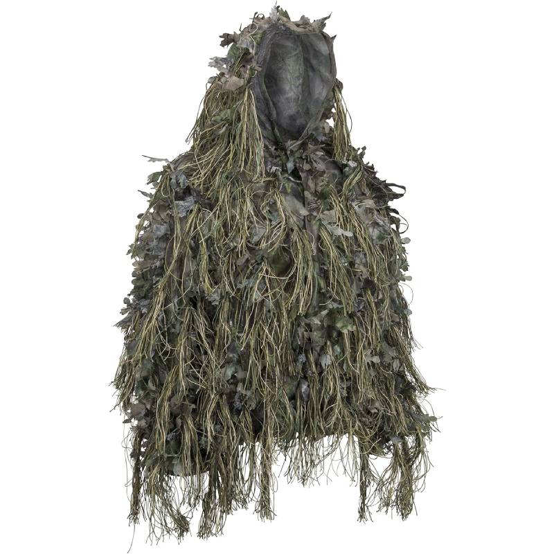 Front view of the featherlight green hybrid ghillie jacket built on an ultra-breathable mesh base layer to prevent overheating during summer wildlife observation.