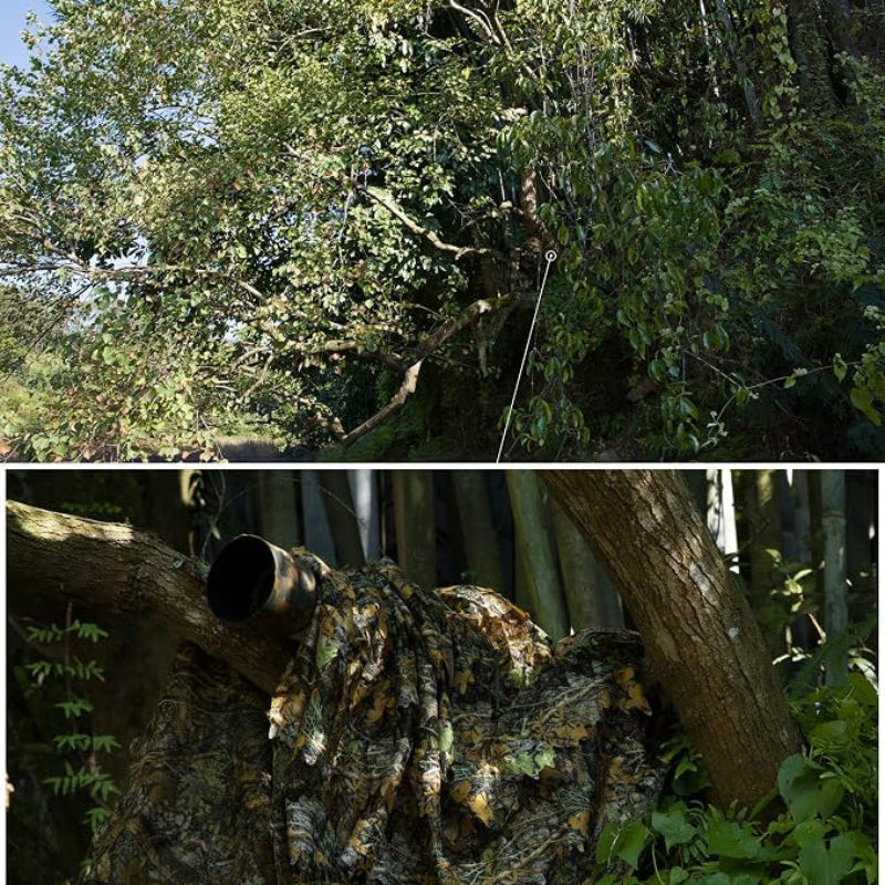 The oversized profile of GhillieLabs 3D Leafy Poncho draping over professional wildlife photography camera setups and long telephoto optics to eliminate textile glare.