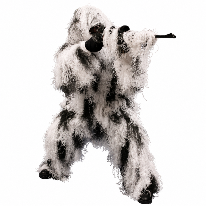 Front view of GhillieLabs Ghost Ghillie Arctic Snow Edition camouflage suit, designed with high-contrast white and charcoal synthetic fibers for winter wildlife photography.