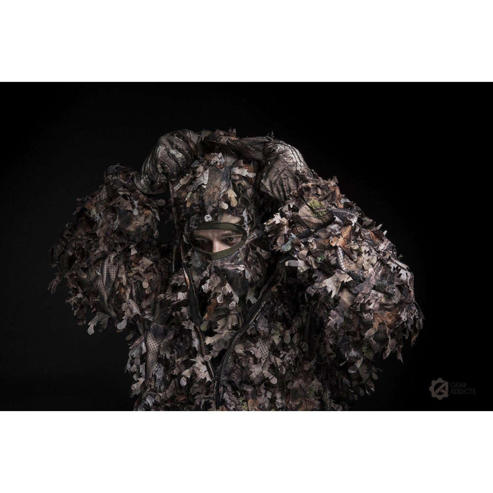 Back view of GhillieLabs Guide Series Woodland Brown leafy suit showing full 3D shadow disruption