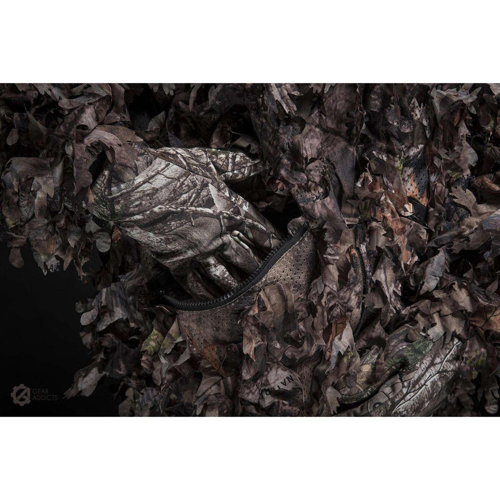 Elastic wrist cuff detail on GhillieLabs Woodland Brown 3D leafy suit breaking up human arm silhouette