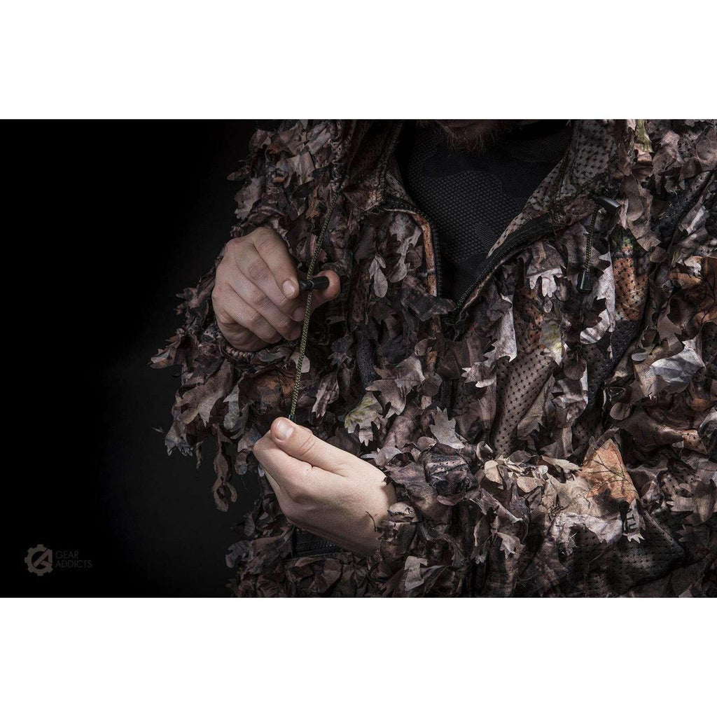 Close-up of full-front zip jacket design on GhillieLabs Guide Series Woodland Brown leafy suit for quick layering