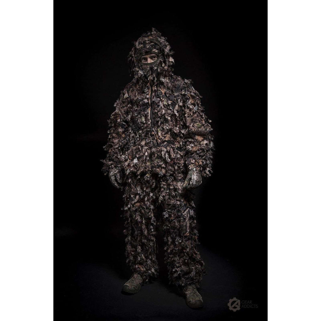 Front view of full-coverage GhillieLabs Guide Series 3D leafy camo suit for late-autumn forest stalking