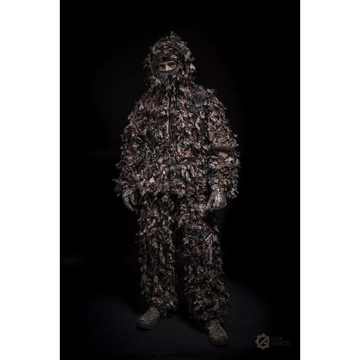 Front view of full-coverage GhillieLabs Guide Series 3D leafy camo suit for late-autumn forest stalking
