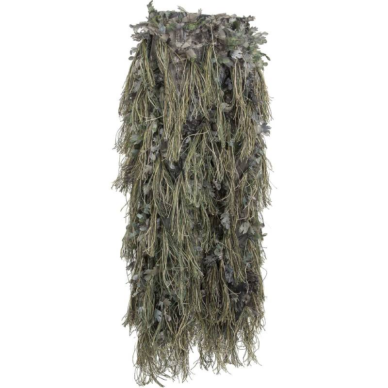 High-mobility forest green ghillie trousers featuring a supportive elastic waist and ankle cuffs to block out dirt and ticks during long-distance wilderness treks.