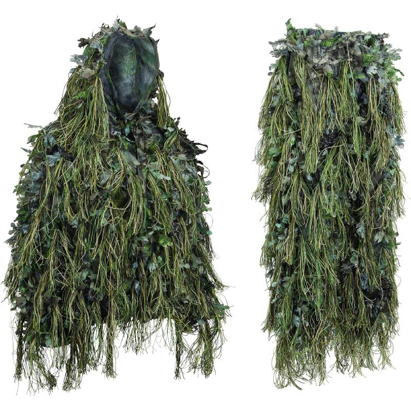 The forest green version of GhillieLabs Hybrid Camo Suit, blending 3D fabric leaves and synthetic strings to shatter human outlines in vibrant woodland environments.
