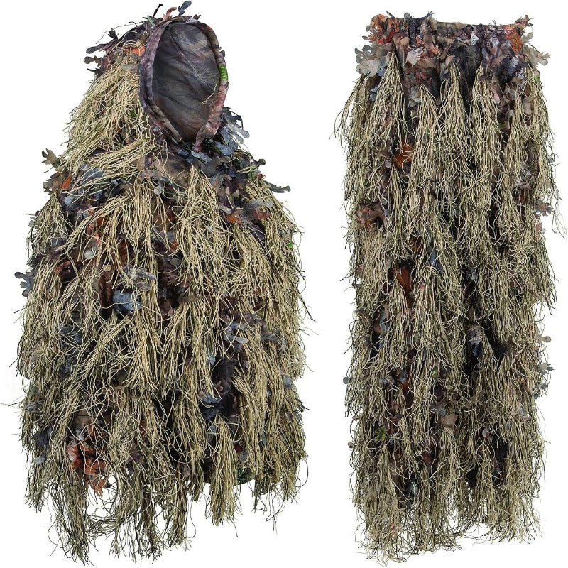 GhillieLabs Hybrid Camo Suit in woodland brown, displaying the progressive dual-layer combination of 3D fabric leaves and traditional multi-toned strings.