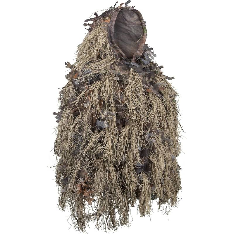 Front view of the lightweight hybrid ghillie jacket featuring an integrated hood with an adjustable drawstring and double-stitched non-shedding fibers.