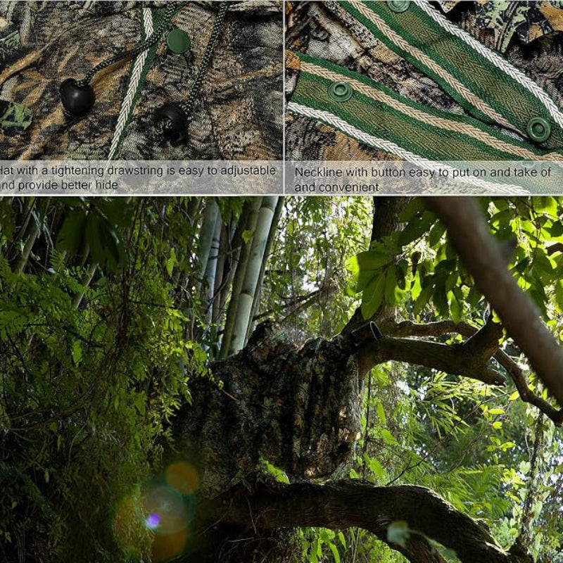 A detailed view of material traits and a field demonstration of the GhillieLabs concealment cape blending into a dense forest tree canopy.