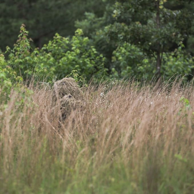 Mid-range view of a field researcher wearing a grassland-pattern ghillie suit to conduct a non-disruptive botanical and wildlife survey in high-contrast reedbeds.