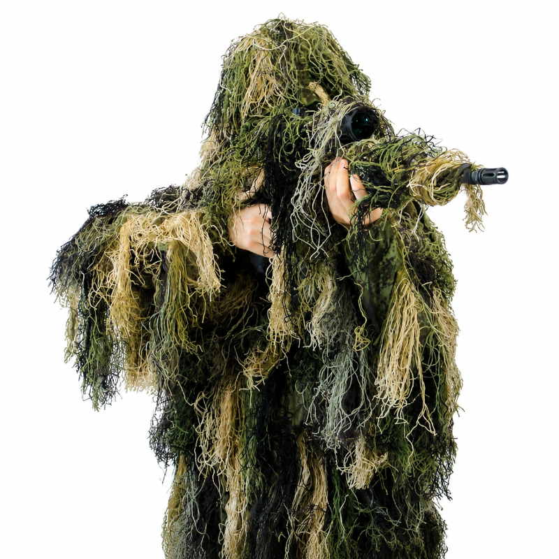 A professional observer wearing GhillieLabs Pro-Series 4-Piece Camouflage System in Woodland Forest pattern, holding a camo-wrapped long-focus telephoto camera lens.