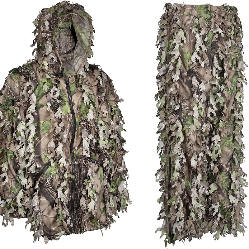 GhillieLabs professional ghillie gear 2-Piece Camouflage System showing the hooded full-zip jacket and matching high-mobility utility trousers side-by-side.