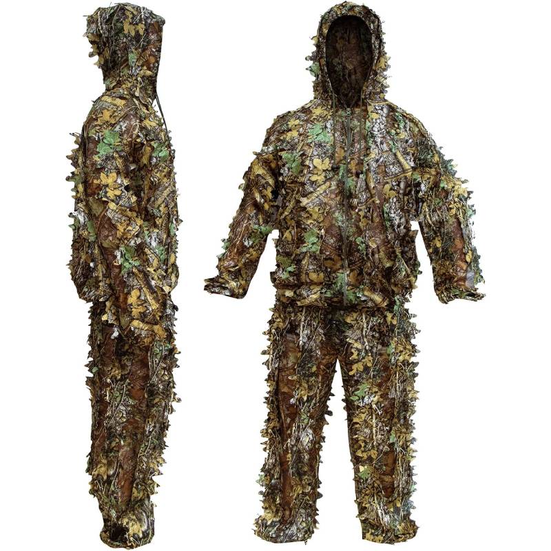 Front and side profile view of an observer wearing the 1-pound ultralight synthetic polyester ghillie suit for swift and silent mobility.