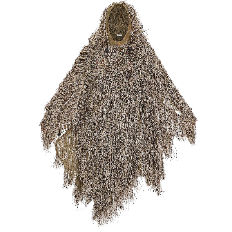 Ghost Ghillie Poncho in Dry Grass variant, showcasing a lightweight, one-piece open-sided design for rapid-deployment camouflage.