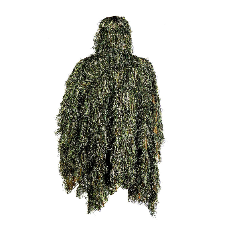 Back view of the Ghost Ghillie Poncho in Woodland variant, illustrating the irregular fiber structure for active texture blending