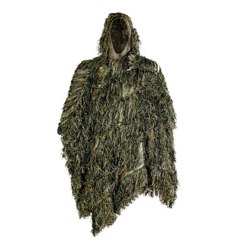 GhillieLabs Ghost Ghillie Poncho in Woodland variant, displaying 3D synthetic jute coverage for full-body profile disruption.