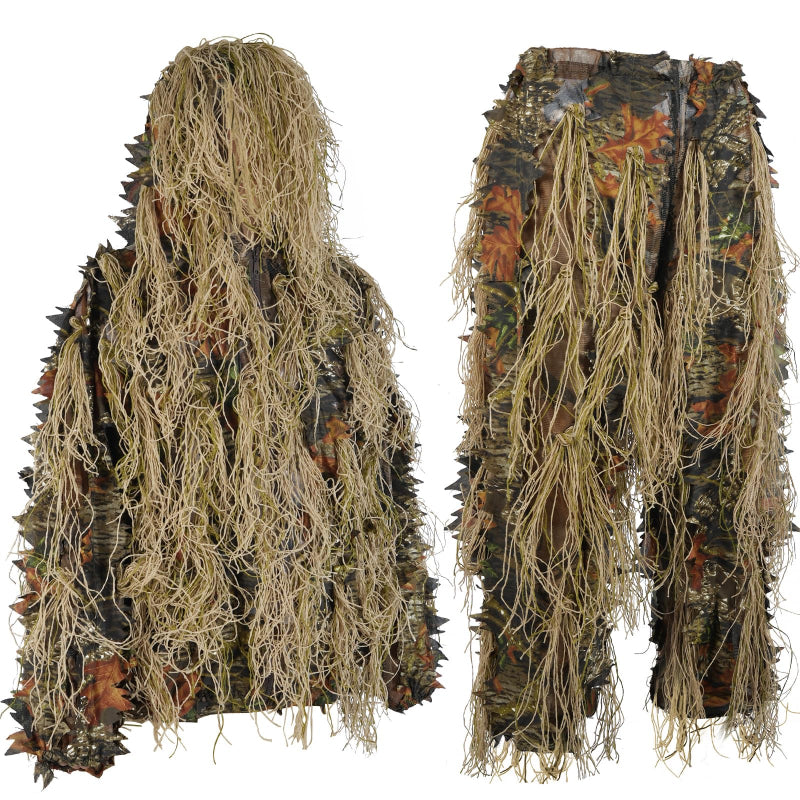 GhilleyLabs Ghost Hybrid Ghillie Suit in Brown Forest variant, featuring withered 3D foliage and tan synthetic jute threads for autumn environments.