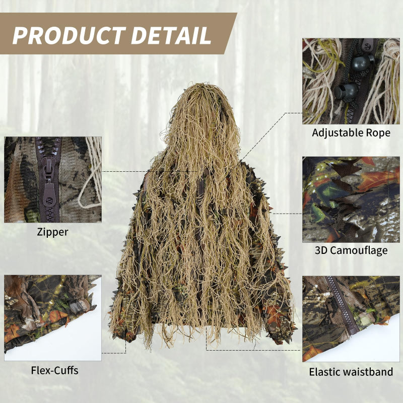 Technical specifications of the Brown Forest ghillie jacket, focusing on the heavy-duty zipper, hood drawcord, and elastic wrist wrap.
