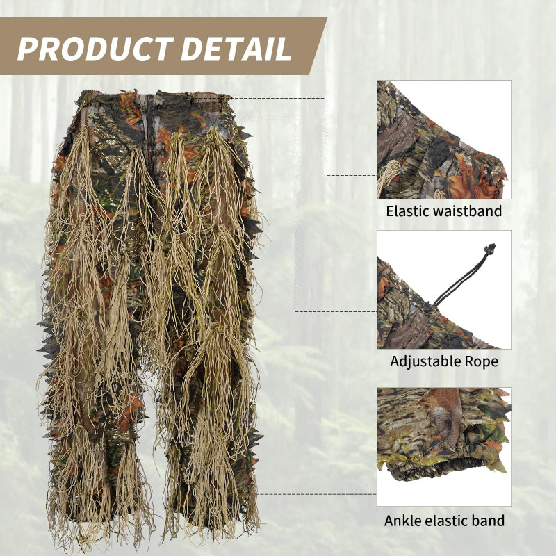Technical specifications of the Brown Forest ghillie pants, showing the ergo-fit waist adjustments and ankle elastic closures.