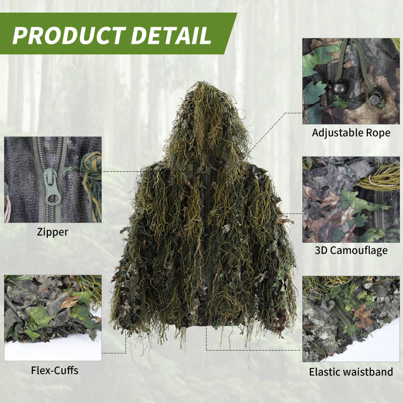 Technical diagram of the Green Woodland ghillie jacket highlighting the adjustable hood, durable front zipper, and elastic wrist cuffs.