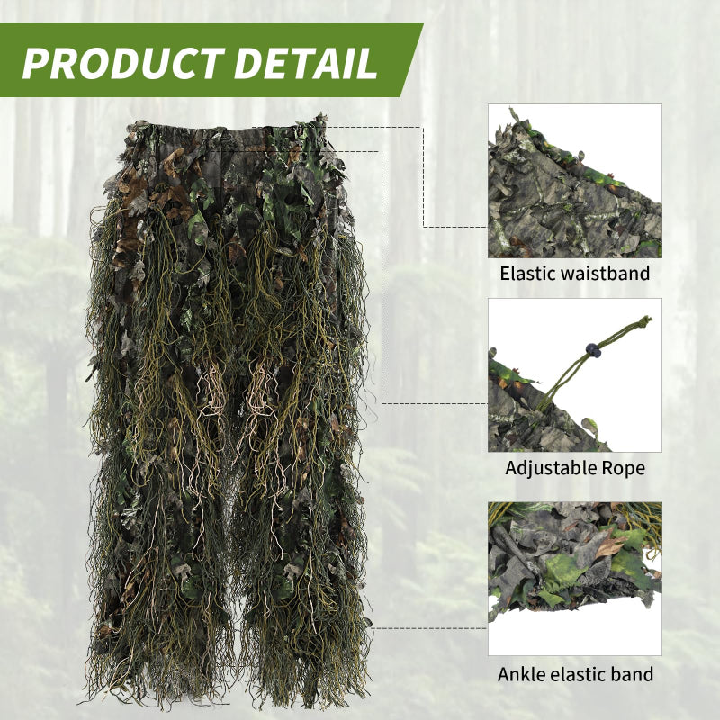 Technical diagram of the Green Woodland ghillie pants showcasing the adjustable drawcord waist, premium mesh base, and flexible ankle cuffs.