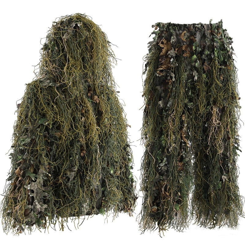 GhilleyLabs Ghost Hybrid Ghillie Suit in Green Woodland variant, showing the dual-layer blend of 3D biomimetic leaves and synthetic jute threads.