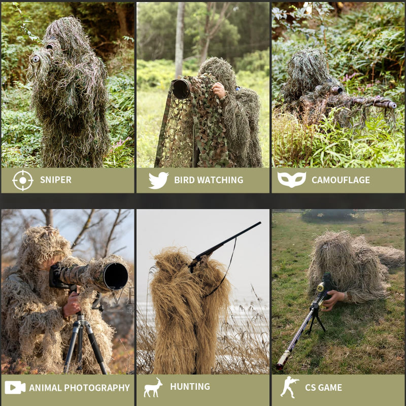 Multi-panel showcase of the Hybrid Ghillie Suit utilized for wildlife photography, low-profile scouting, and stationary nature observation in various seasons.